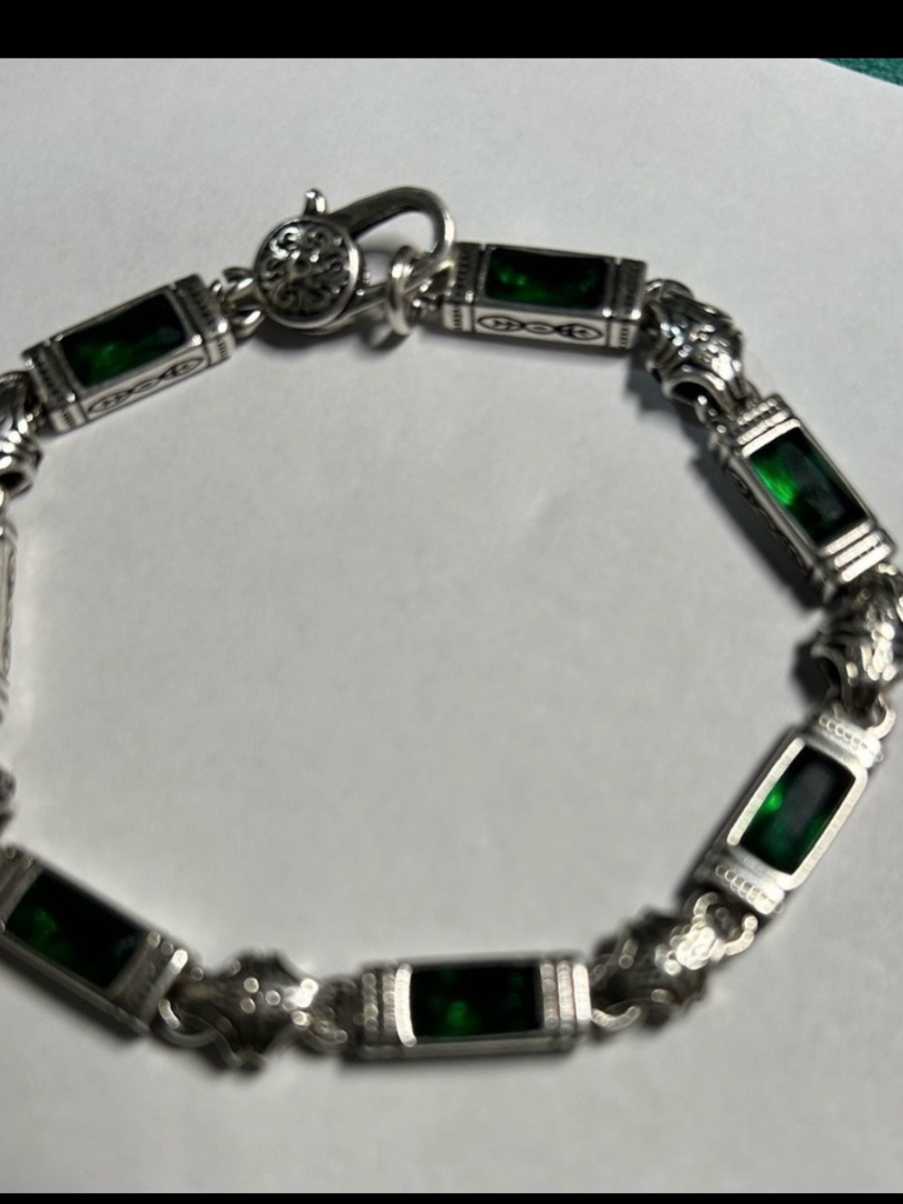 Men's Silver Chain Bracelet with Green Inlay - Picture 2 of 4